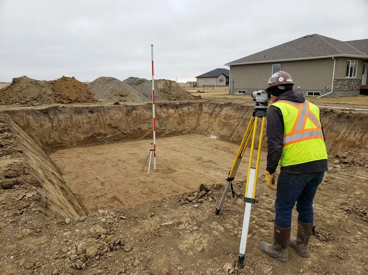 A surveyor in a hard hat and high-visibility vest sights through a level on a tripod near the rim of a basement excavation, toward a survey rod standing on the flat floor.