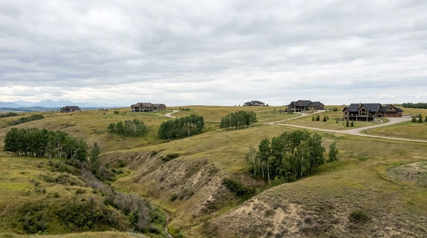 Acreage homes on hilltops overlooking a grassy coulee with scattered aspen trees, under a wide prairie sky.