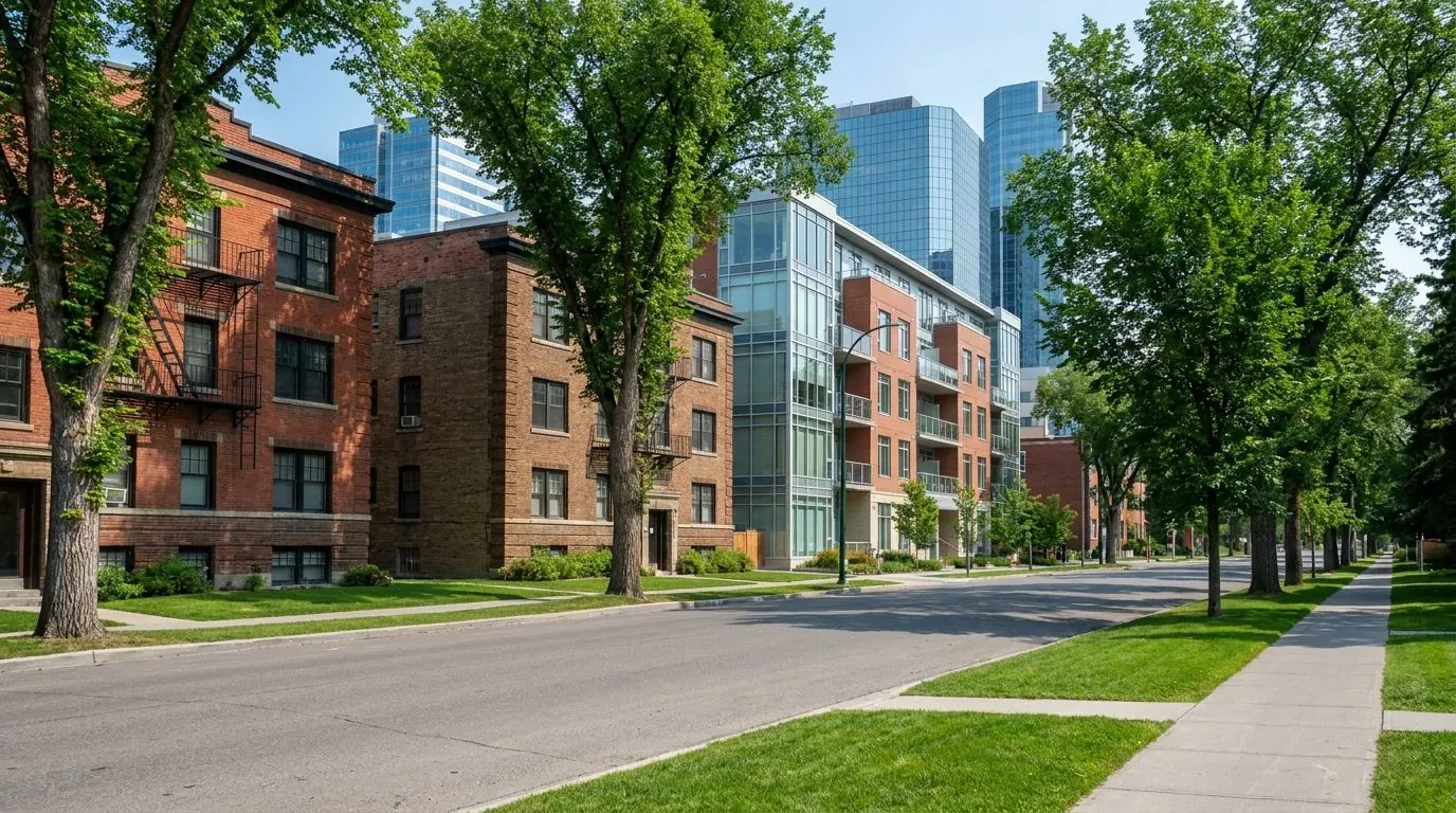 A tree-lined inner-city street of older brick walk-ups and newer mid-rise buildings, with downtown office towers rising behind on a clear day.