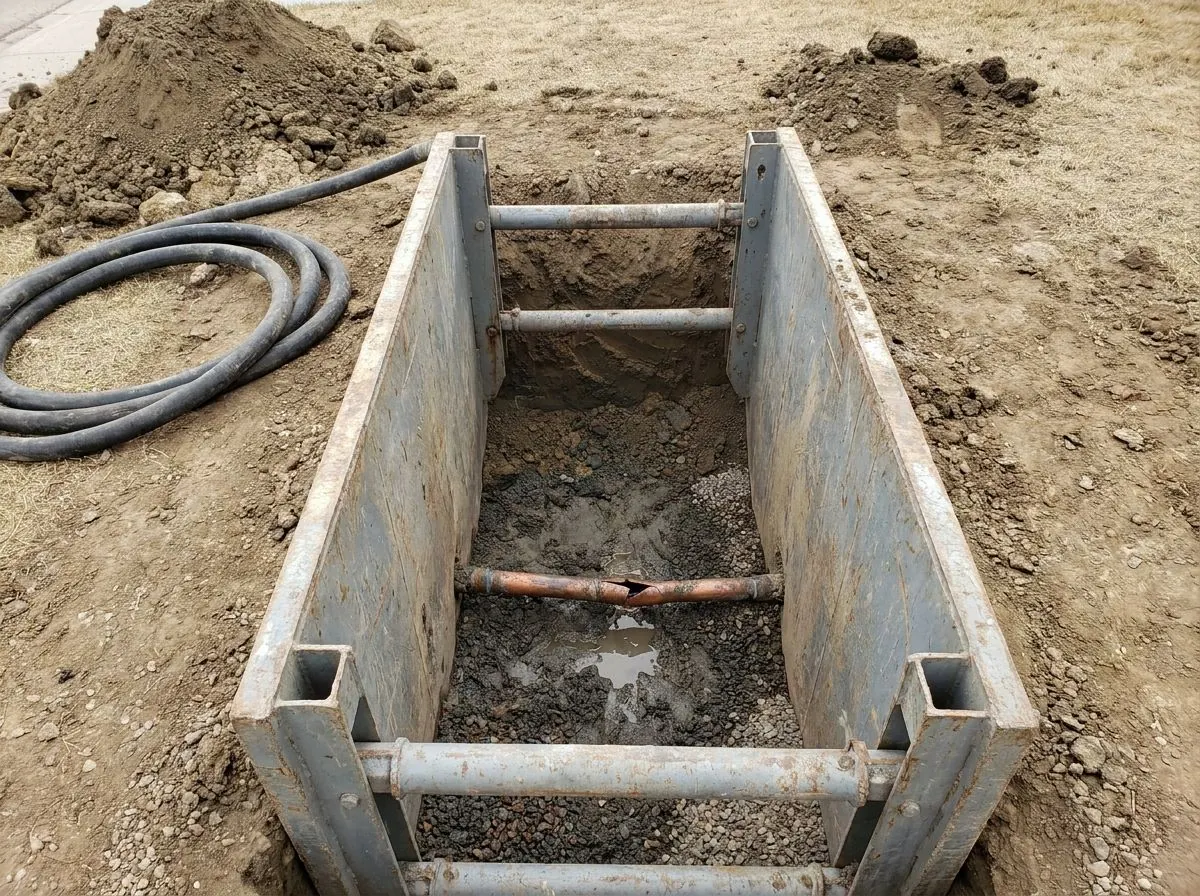 At the bottom of a pumped-out excavation held by a trench box, a copper water service line with a split is exposed and ready for repair.