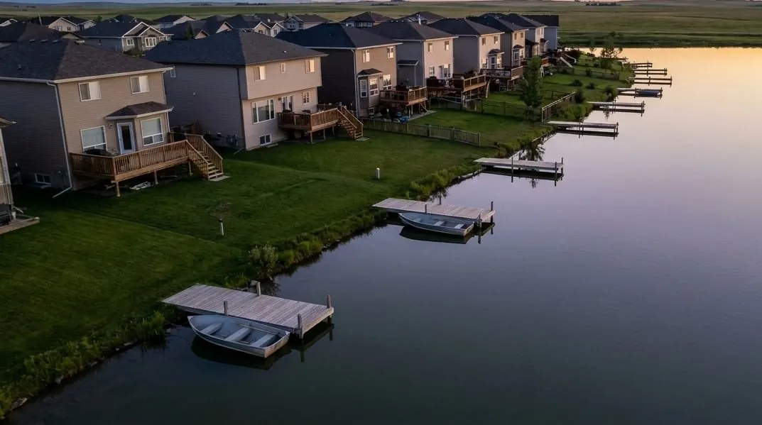 Large homes with private docks along the shore of a calm lake under a clear prairie sky.
