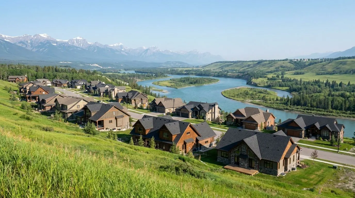 Homes stepping down a hillside above a wide river valley, with the foothills and mountains in the distance.