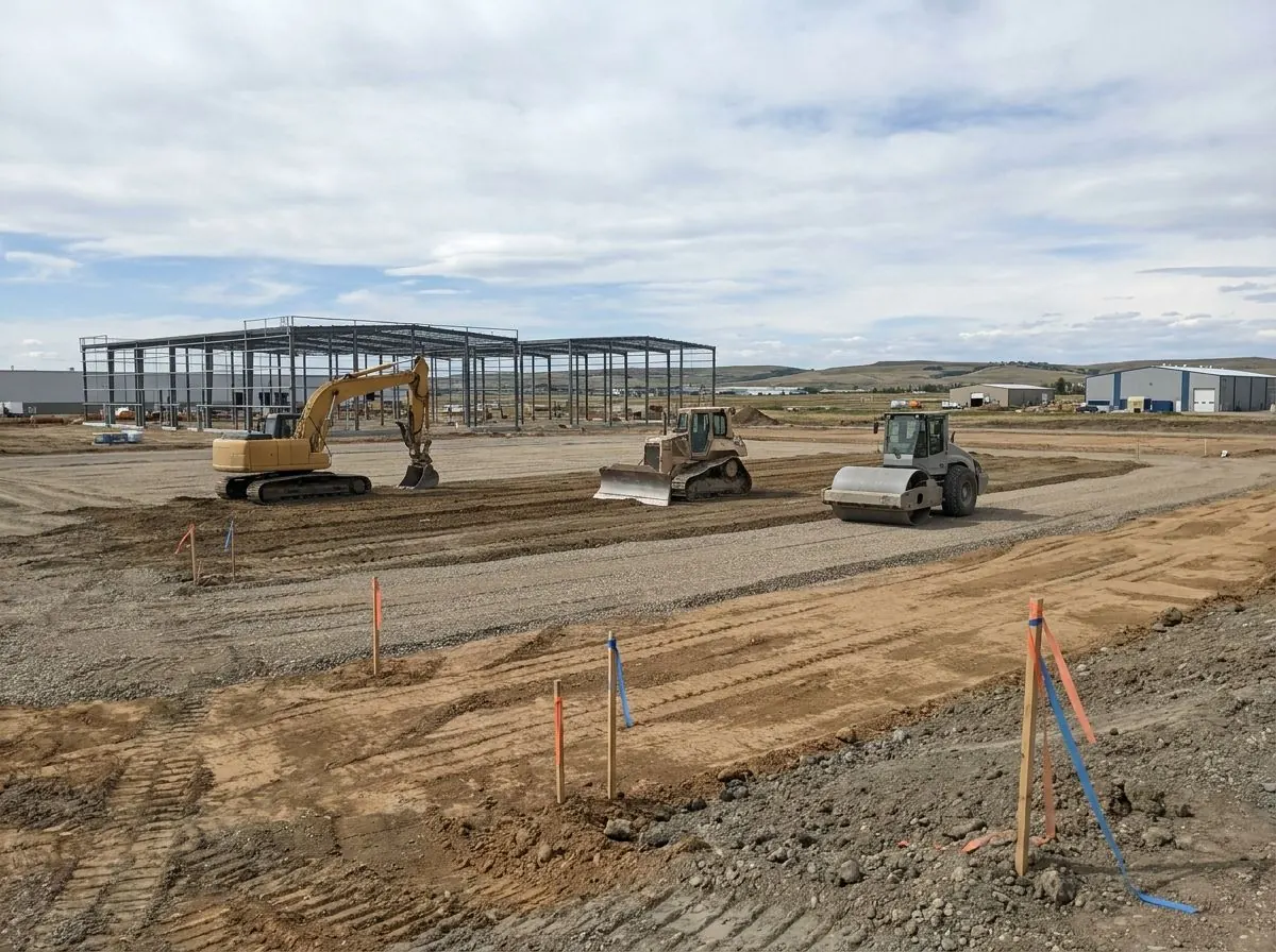 An excavator, a dozer and a smooth drum roller work across a large commercial development site with steel building frames rising behind.