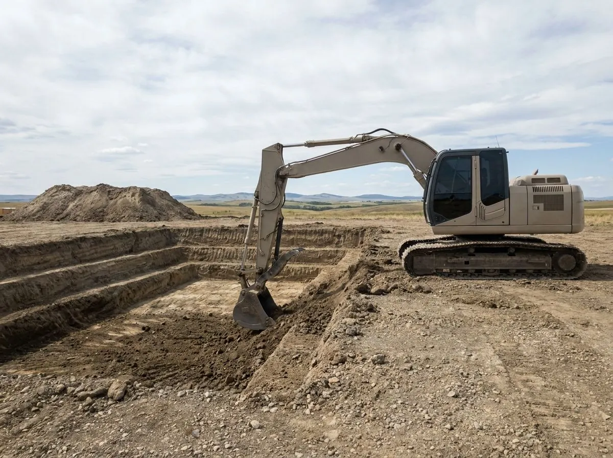 An excavator digs the last corner of a deep rectangular basement excavation with benched walls on an open acreage lot.