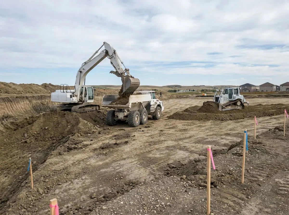An excavator loads an articulated hauler at a cut in brown soil on a large graded development site.