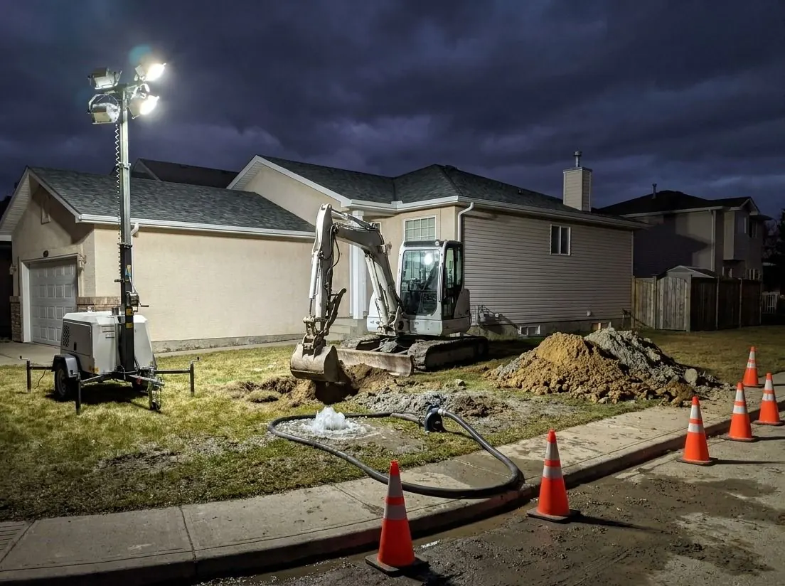 Under portable work lights, a mini excavator digs at a wet patch in a front yard where water is surfacing, with a pump hose leading away.