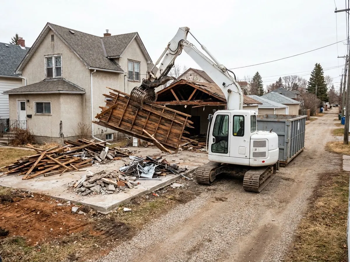An excavator with a grapple lifts a section of an old garage roof beside a steel roll-off bin, with broken lumber and debris on the concrete slab by a gravel back lane.