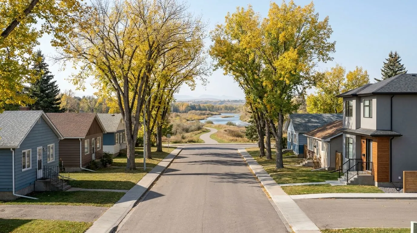 Older houses and new infills on a quiet street near a wide river valley pathway, with tall cottonwood trees in autumn colour.