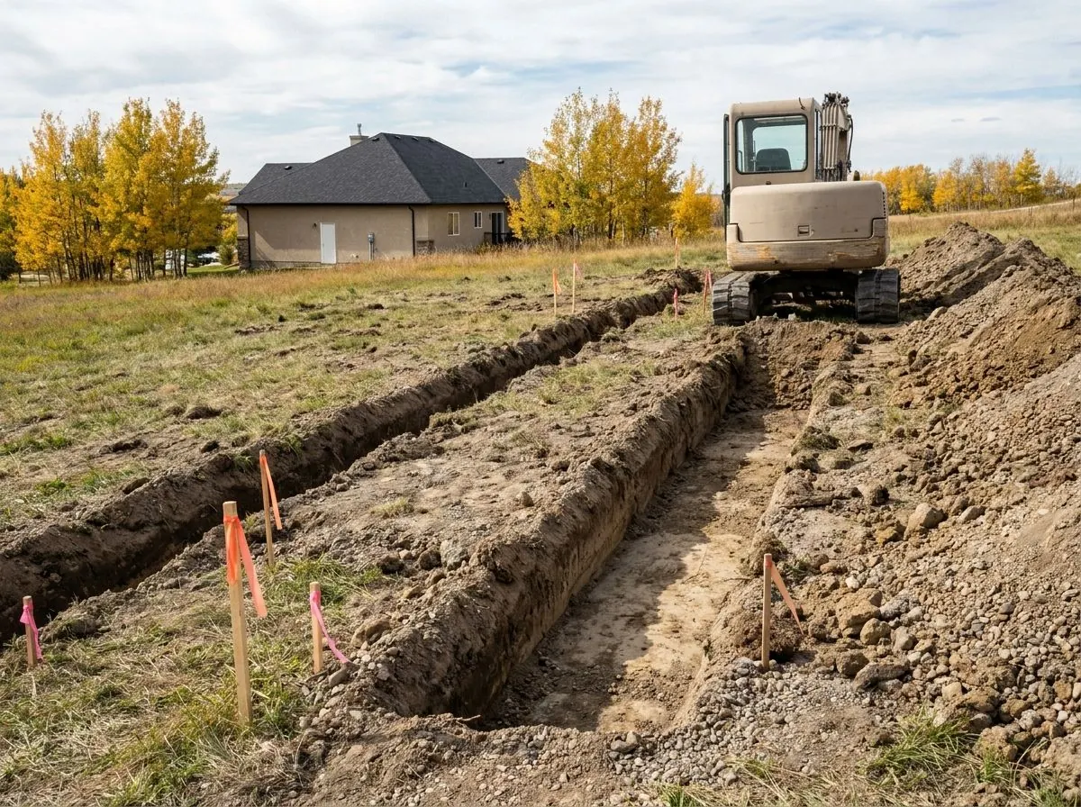 Parallel flat-bottomed trenches cut across a grassy acreage for a septic treatment field, marked with flagged stakes, with a mini excavator at the far end.