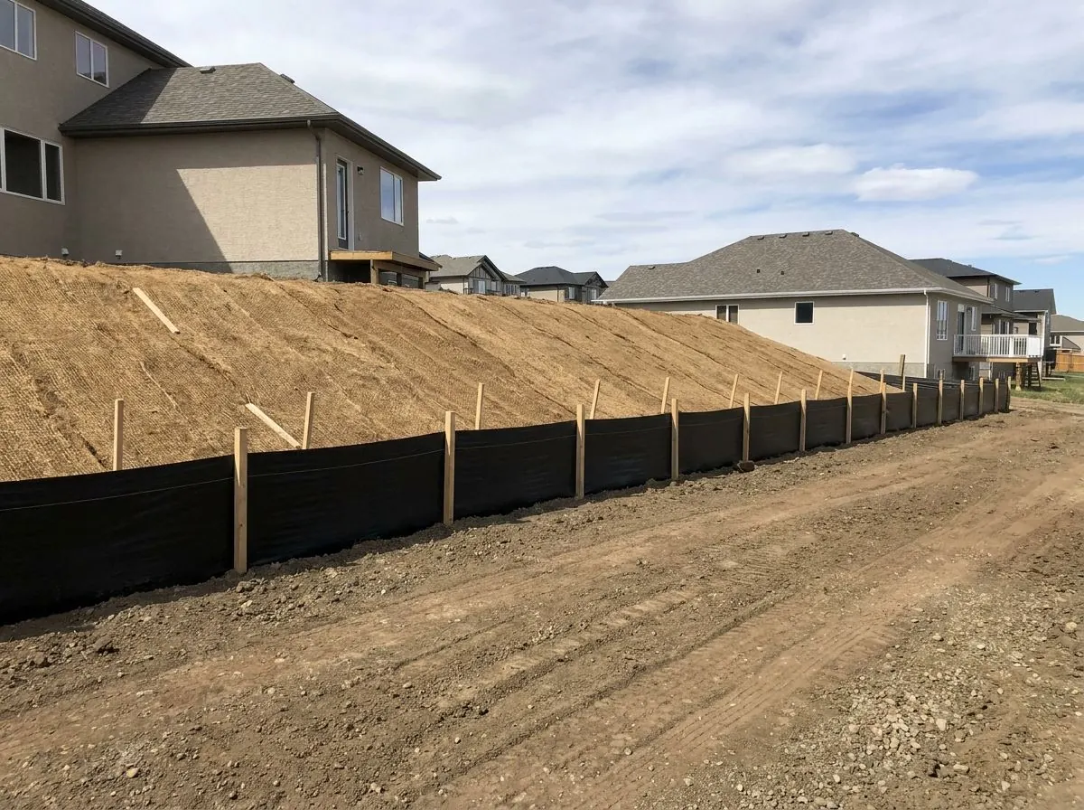A freshly graded slope covered in brown erosion control blanket, with a line of black silt fence staked along its foot.
