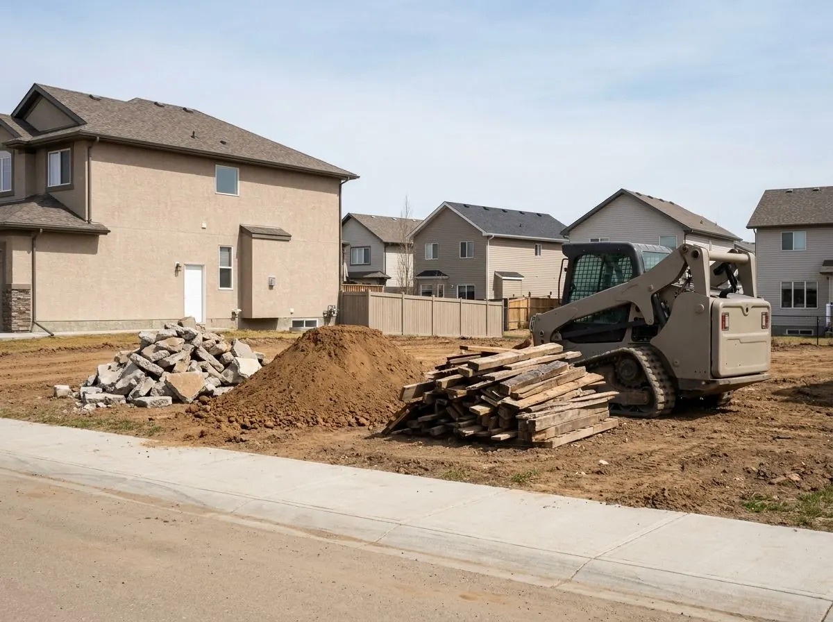 Separate piles of broken concrete, clean soil and scrap wood sit on a cleared lot, ready to be trucked to different destinations.