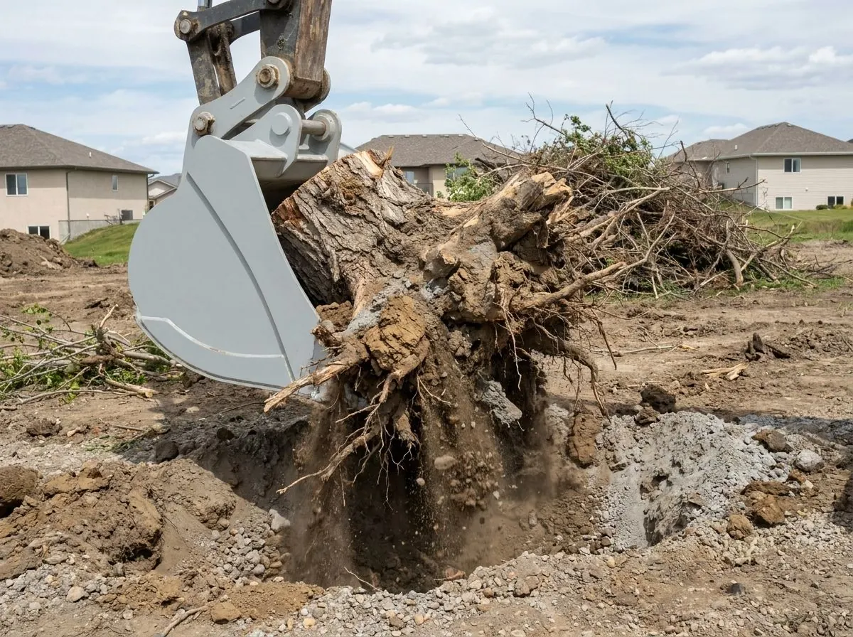 An excavator bucket lifts a large tree stump and its tangled root mass out of the ground, with soil falling back into the hole.