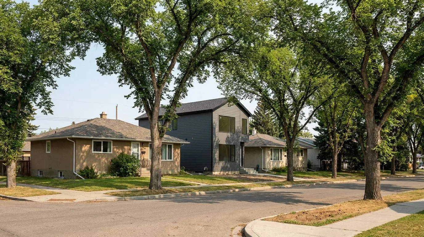 A street in an established inner-city neighbourhood where a 1950s stucco bungalow stands next to a new two-storey infill with a modern flat facade, under mature elm trees.