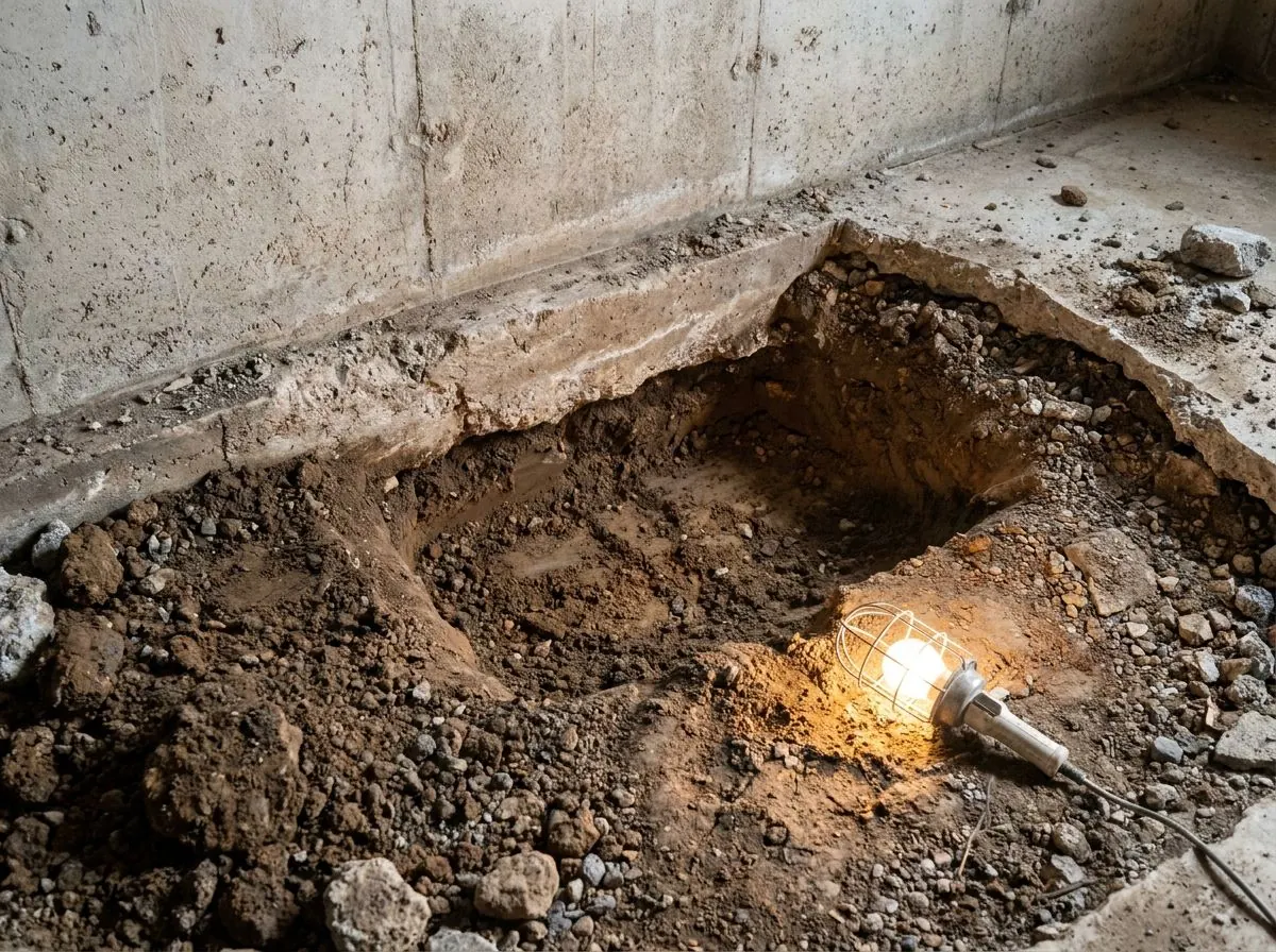 In an old basement with the floor slab removed, one short pocket of soil has been dug out beneath the existing concrete footing while the soil on either side stays in place.