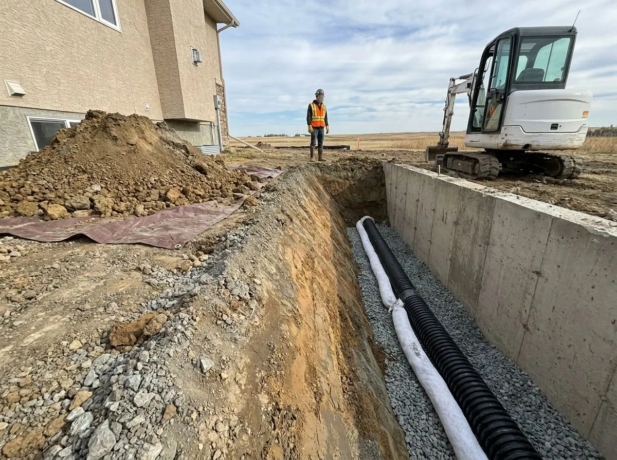 A trench dug along a new concrete foundation wall holds black perforated drain pipe in a white filter sock on clean crushed stone, with soil on a tarp and a compact excavator at the far end.